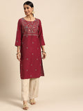 Sangria Women Red Yoke Design Sequined Kurta | Grocsy
