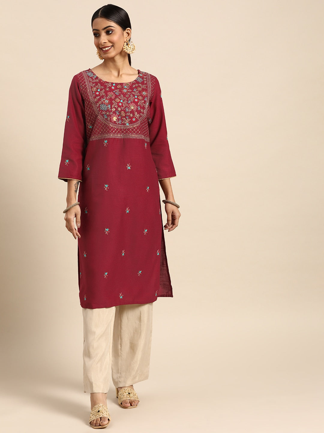 Sangria Women Red Yoke Design Sequined Kurta | Grocsy