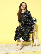 All About You Women Black & Yellow Printed Thread Work Tiering Liva Anarkali Kurta | Grocsy