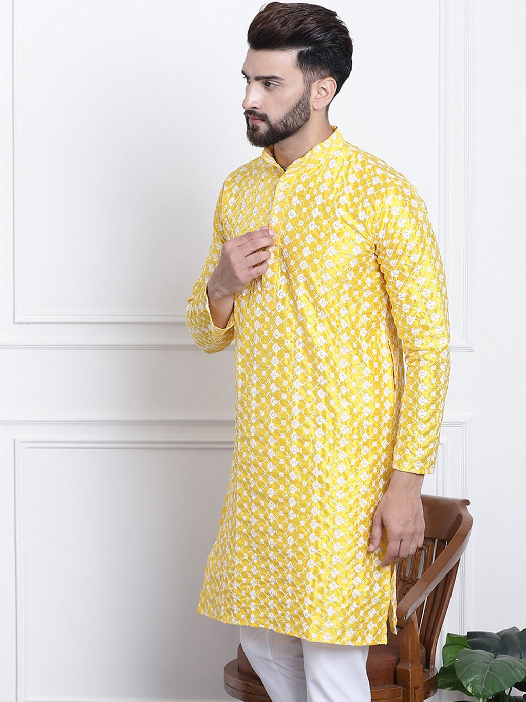 Sojanya Men Yellow & White Ethnic Motifs Embroidered Straight Kurta | Grocsy
