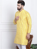 Sojanya Men Yellow & White Ethnic Motifs Embroidered Straight Kurta | Grocsy