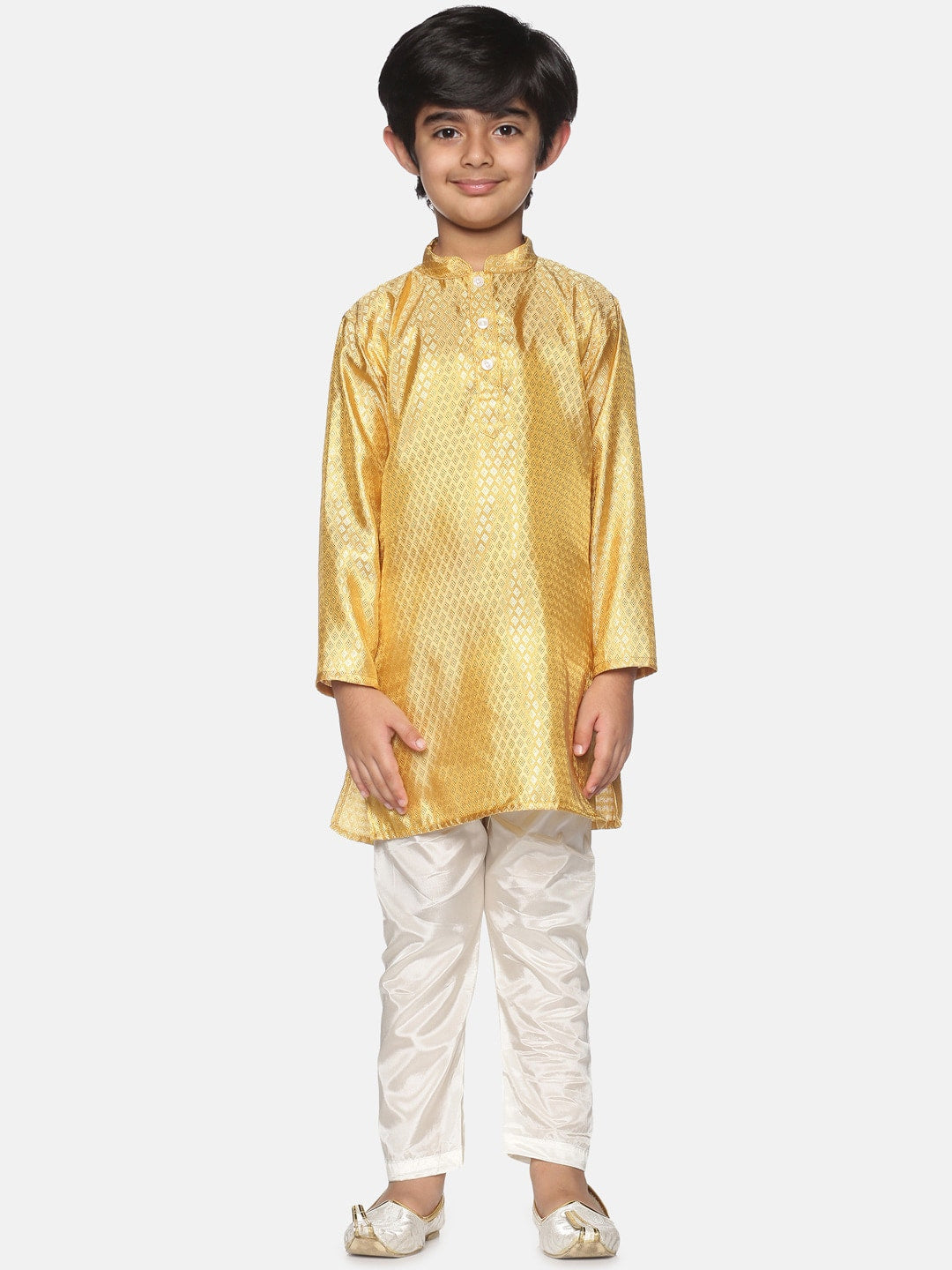 Sethukrishna Boys Gold-Toned & Off-White Kurta With Pyjamas | Grocsy