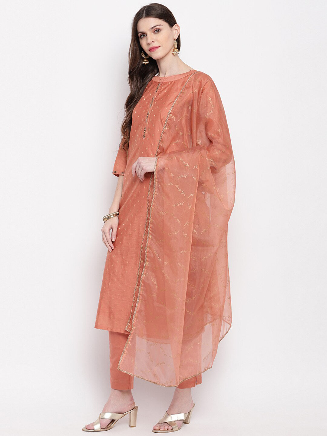 Janasya Women Peach-Coloured Self Design Kurta with Trousers & Dupatta | Grocsy