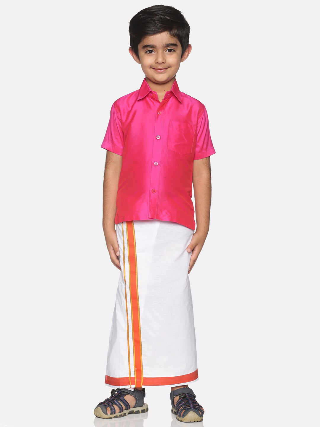 Sethukrishna Pink & White Solid Shirt with Veshti Set For Boys | Grocsy