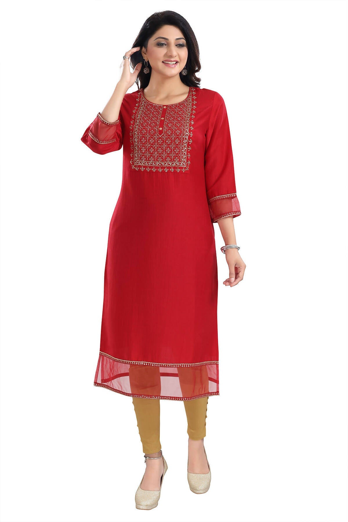 Snehal Creations Mighty Red Art Silk Designer Long Kurti Tunic With Zari Embroidery | Grocsy