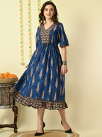 Myshka Women's Blue Printed Cotton Party Dress | Grocsy