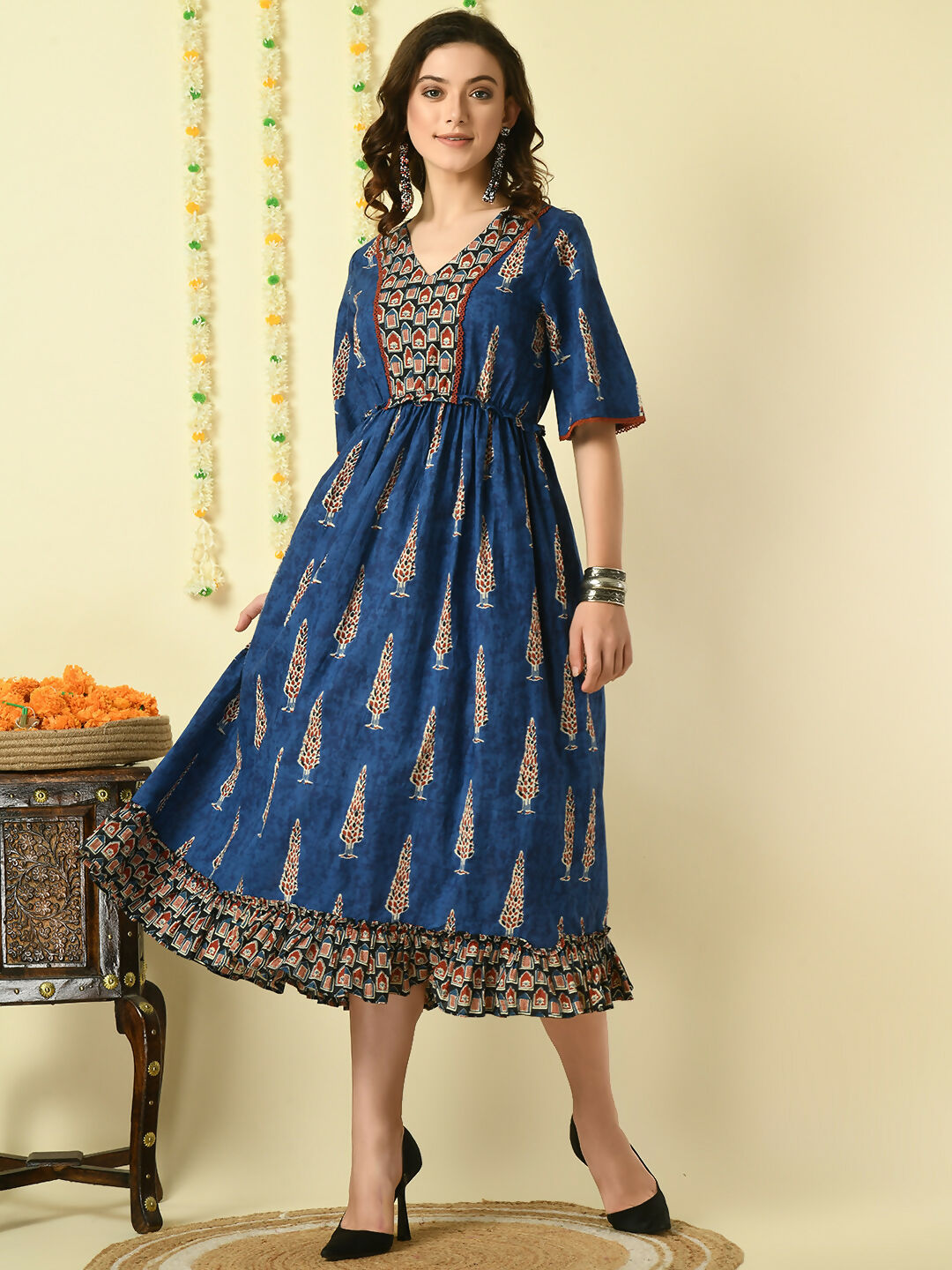 Myshka Women's Blue Printed Cotton Party Dress | Grocsy