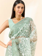 Green Organza Floral Embroidered Saree with Unstitched Blouse Piece - Roozal | Grocsy