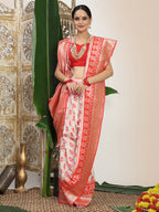 Shree Shyam Fashion Linen Cotton Red & White Saree | Grocsy