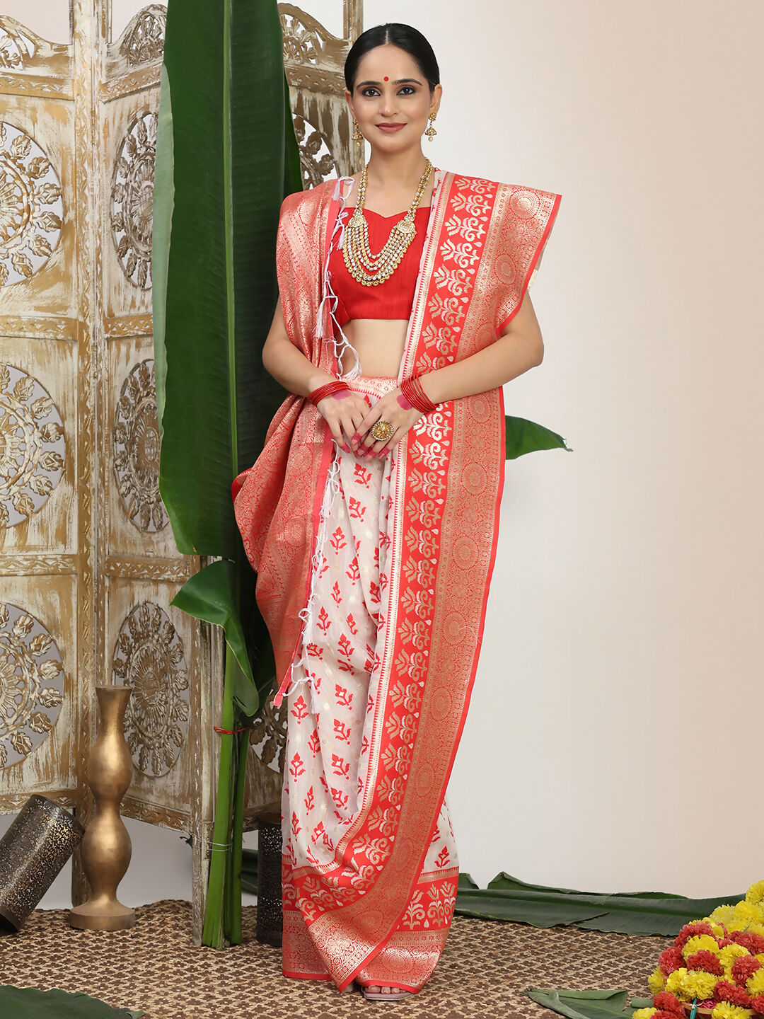 Shree Shyam Fashion Linen Cotton Red & White Saree | Grocsy