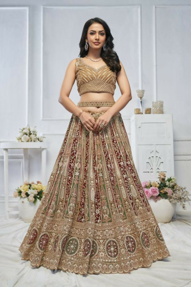 Kesar Fab Golden Net Embroidered Lehenga | Grocsy