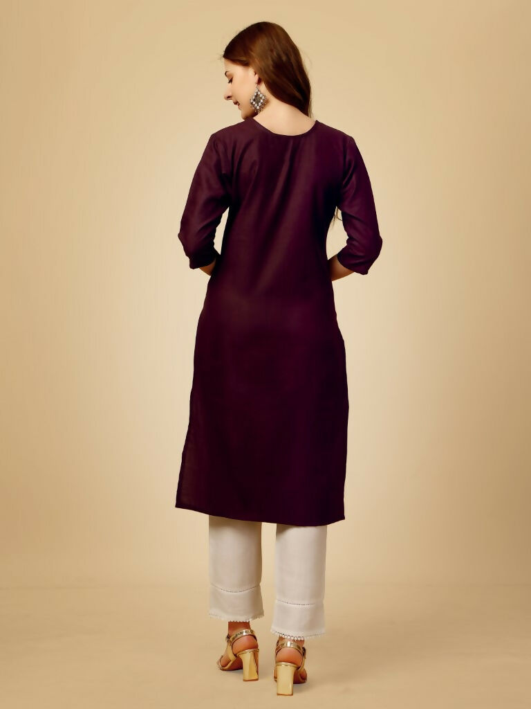 Jyoti Fashion Women's Wine Cotton Blend Embroidered Kurta Pant Set | Grocsy