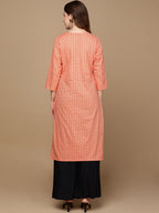 HERE&NOW Peach-Color & Red Chevron Printed Beads Pure Cotton Kurta | Grocsy