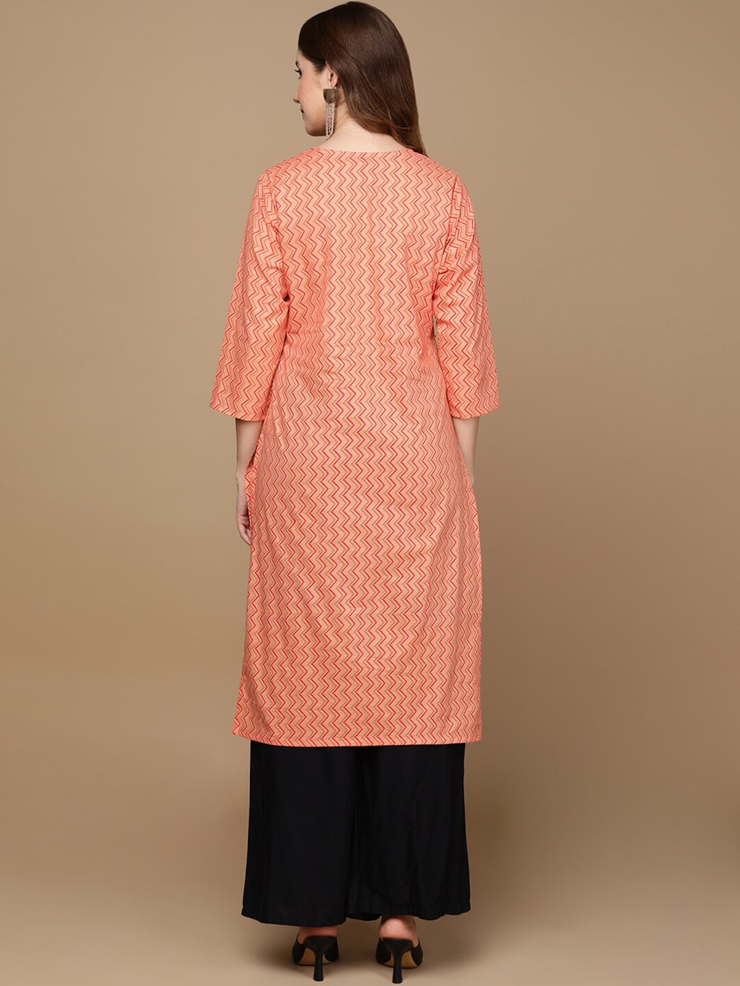 HERE&NOW Peach-Color & Red Chevron Printed Beads Pure Cotton Kurta | Grocsy