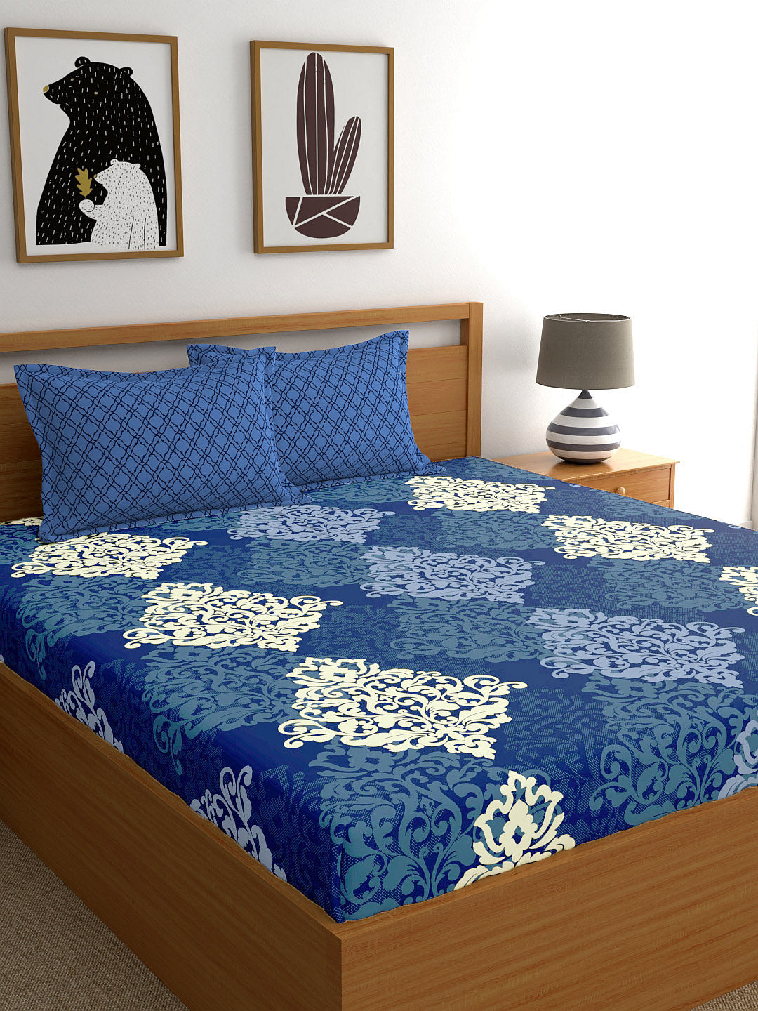 My Room Navy Blue & Yellow Ethnic Motifs 140 TC King Bedsheet with 2 Pillow Covers | Grocsy