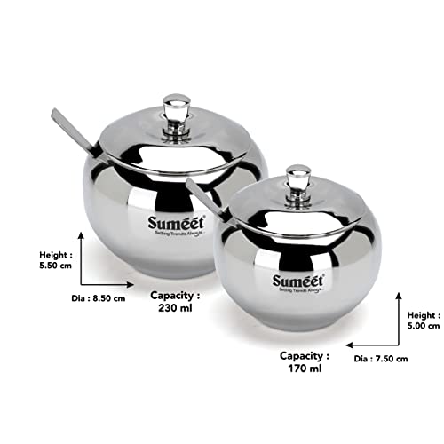Sumeet Stainless Steel Ghee and Oil Pot, Storage Conrainer with Spoon for Kitchen, 7.5cm & 8.5cm Dia, 170ML & 230ML - Silver (Pack of 2) | Grocsy