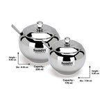 Sumeet Stainless Steel Ghee and Oil Pot, Storage Conrainer with Spoon for Kitchen, 7.5cm & 8.5cm Dia, 170ML & 230ML - Silver (Pack of 2) | Grocsy