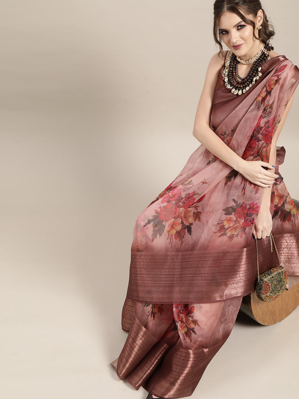 Saree Mall Mauve & Red Organza Block Print Saree | Grocsy