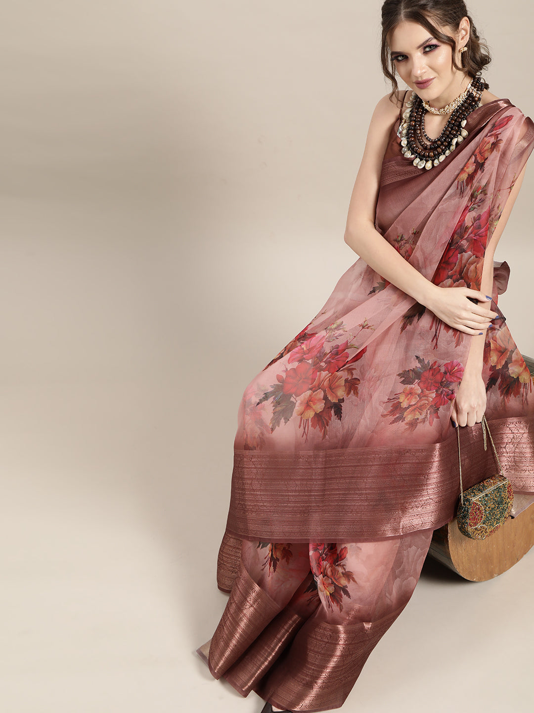 Saree Mall Mauve & Red Organza Block Print Saree | Grocsy