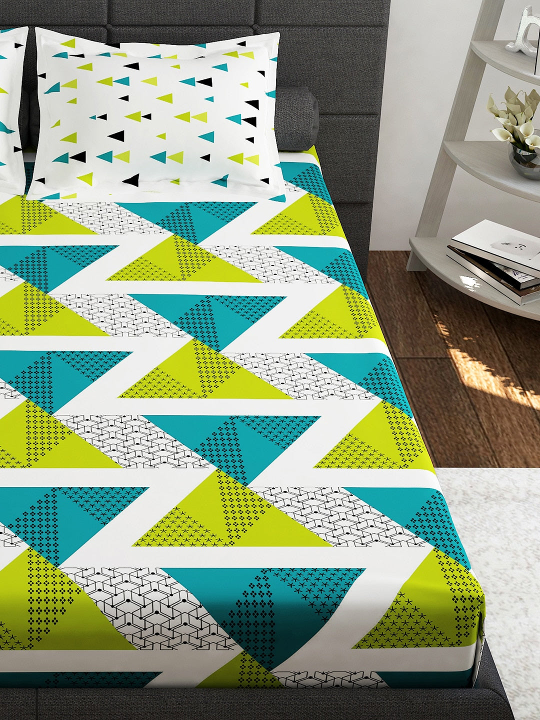 Story@home Ventura Green Geometric 152 TC Cotton Queen Bedsheet With 2 Pillow Covers | Grocsy