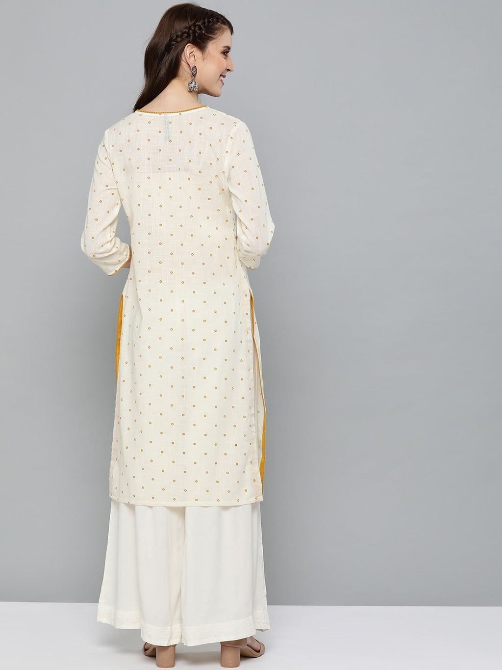 HERE&NOW Women Off-White & Mustard Yellow Geometric Printed Straight Kurta | Grocsy