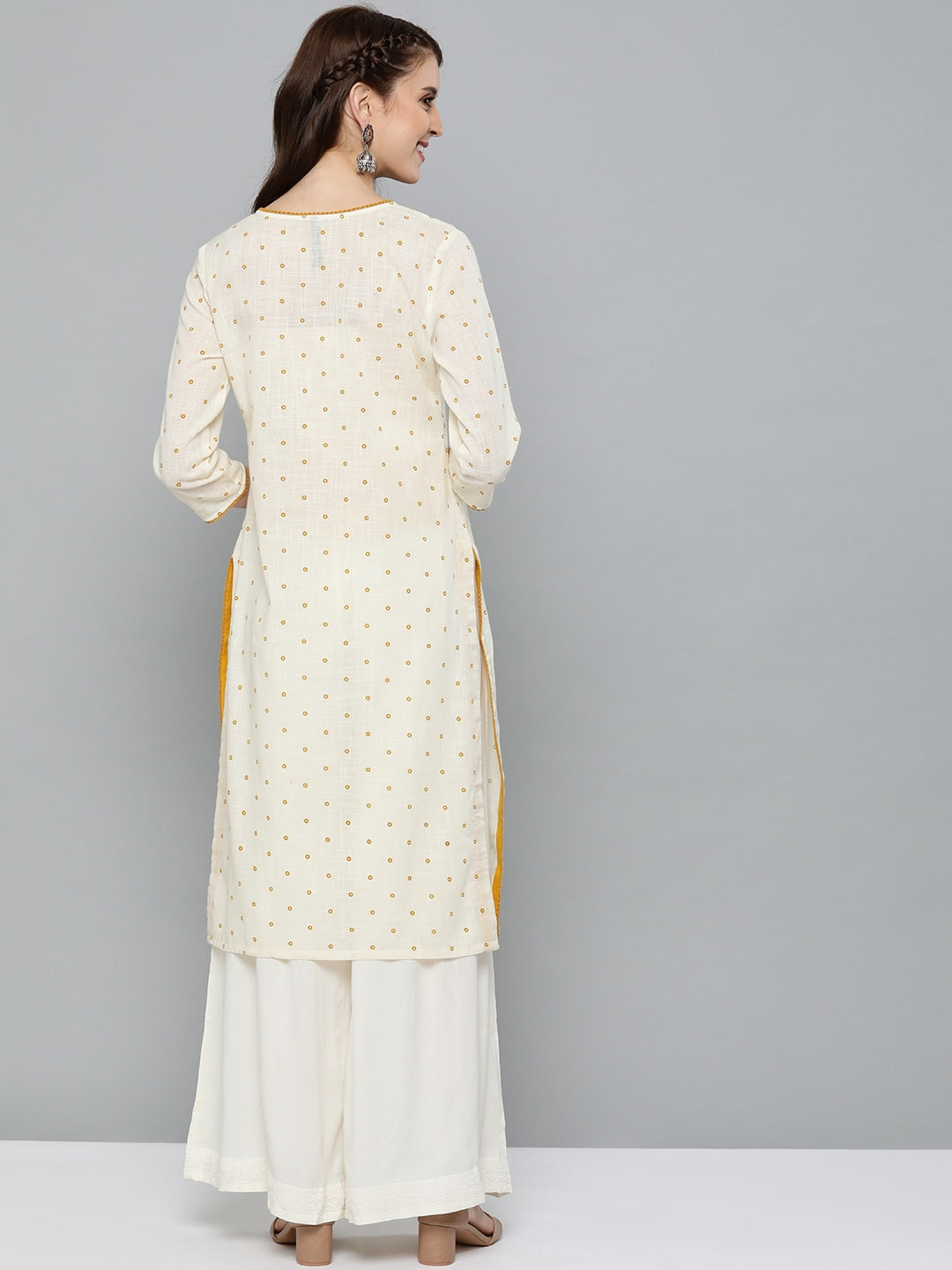 HERE&NOW Women Off-White & Mustard Yellow Geometric Printed Straight Kurta | Grocsy