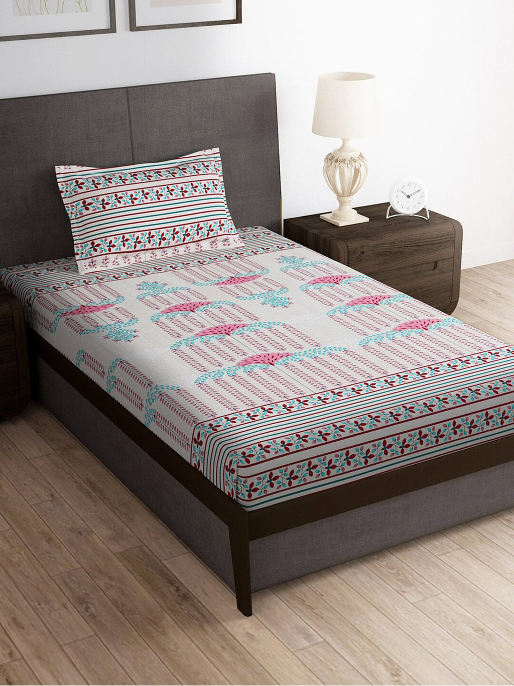 Story@home Grey & Pink Ethnic Motifs 180 TC Bedsheet with Pillow Cover | Grocsy