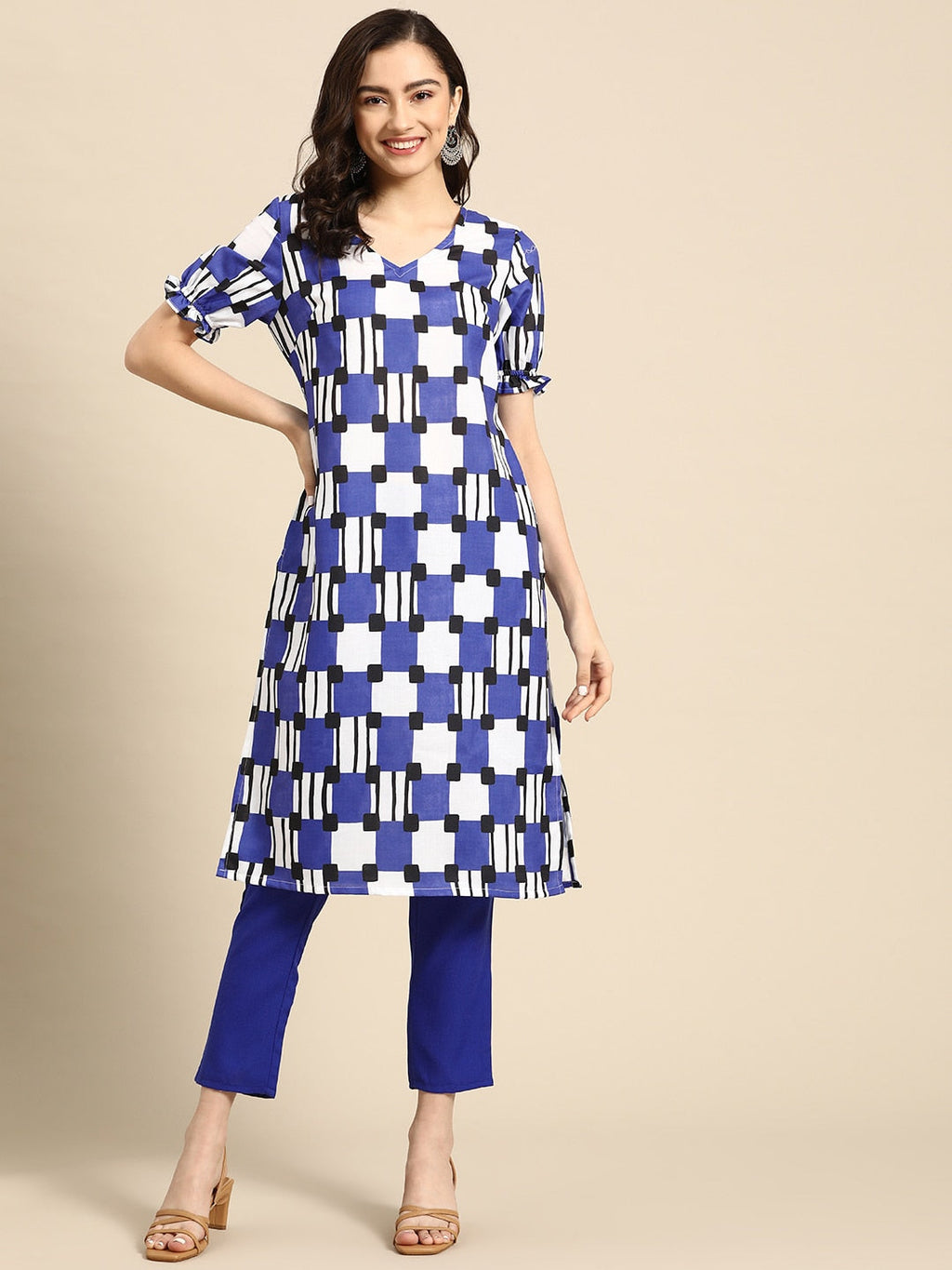 Sangria Women Navy Blue & White Printed A-Line Kurta with Trousers | Grocsy