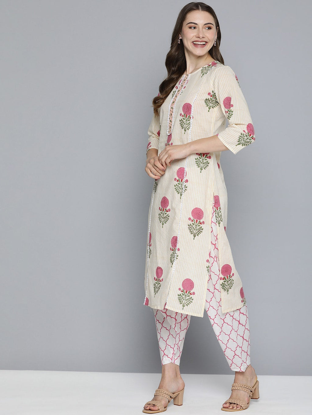 HERE&NOW Floral Printed Panelled Pure Cotton Kurta with Salwar & With Dupatta | Grocsy
