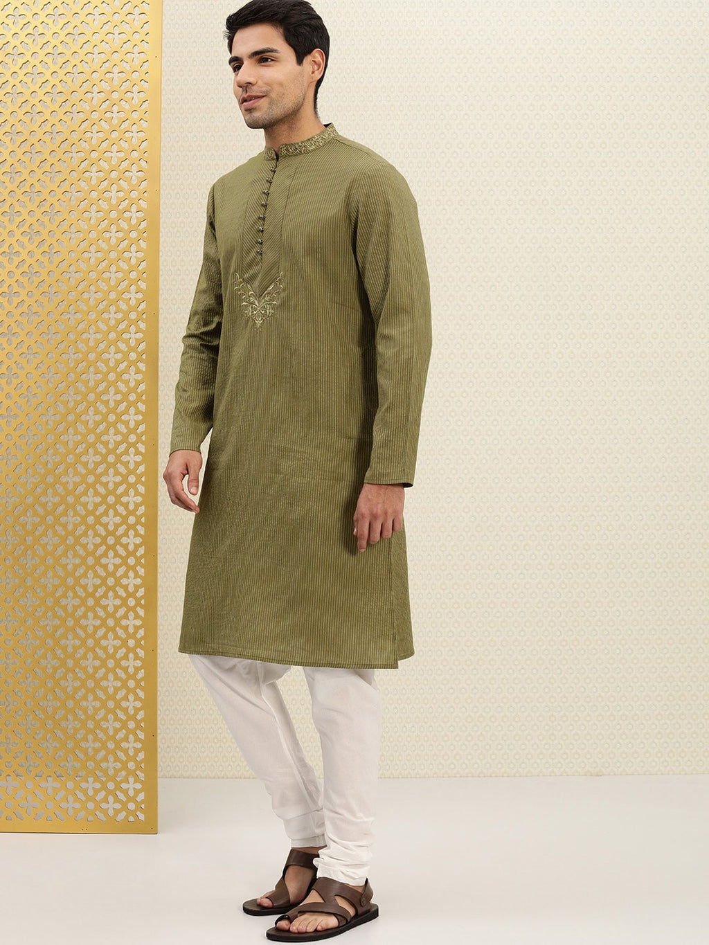 House of Pataudi Men Olive Green Striped Straight Kurta with Embroidered Detail | Grocsy