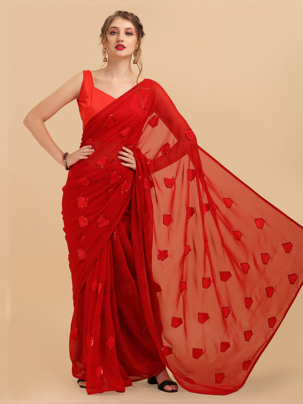 Sangria Red Sequinned Pure Georgette Saree | Grocsy