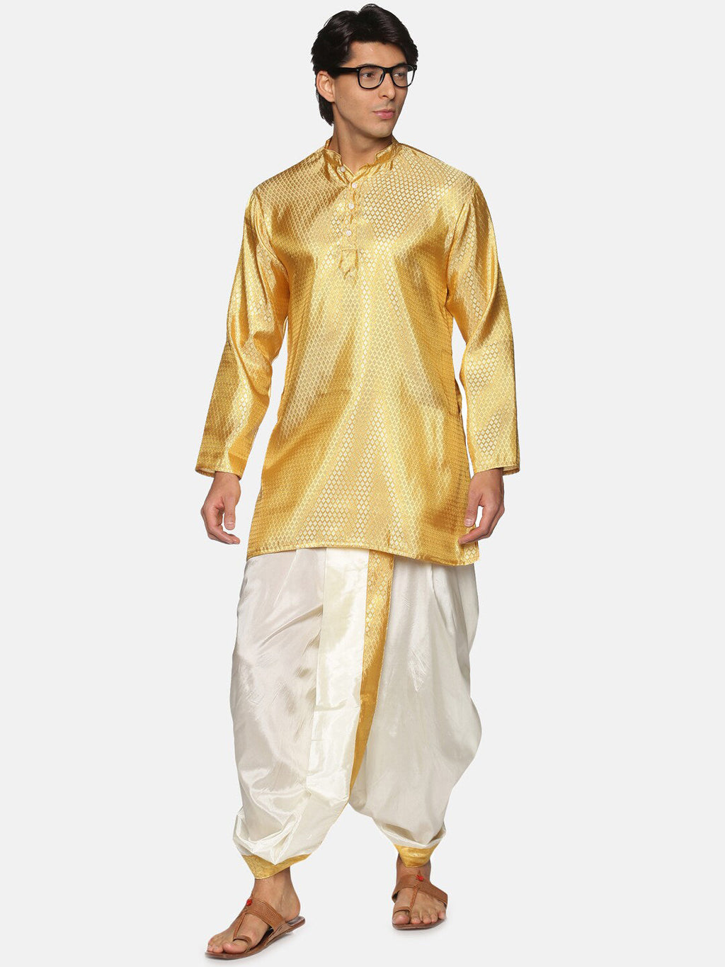 Sethukrishna Men Cream & Golden Solid Dhoti | Grocsy