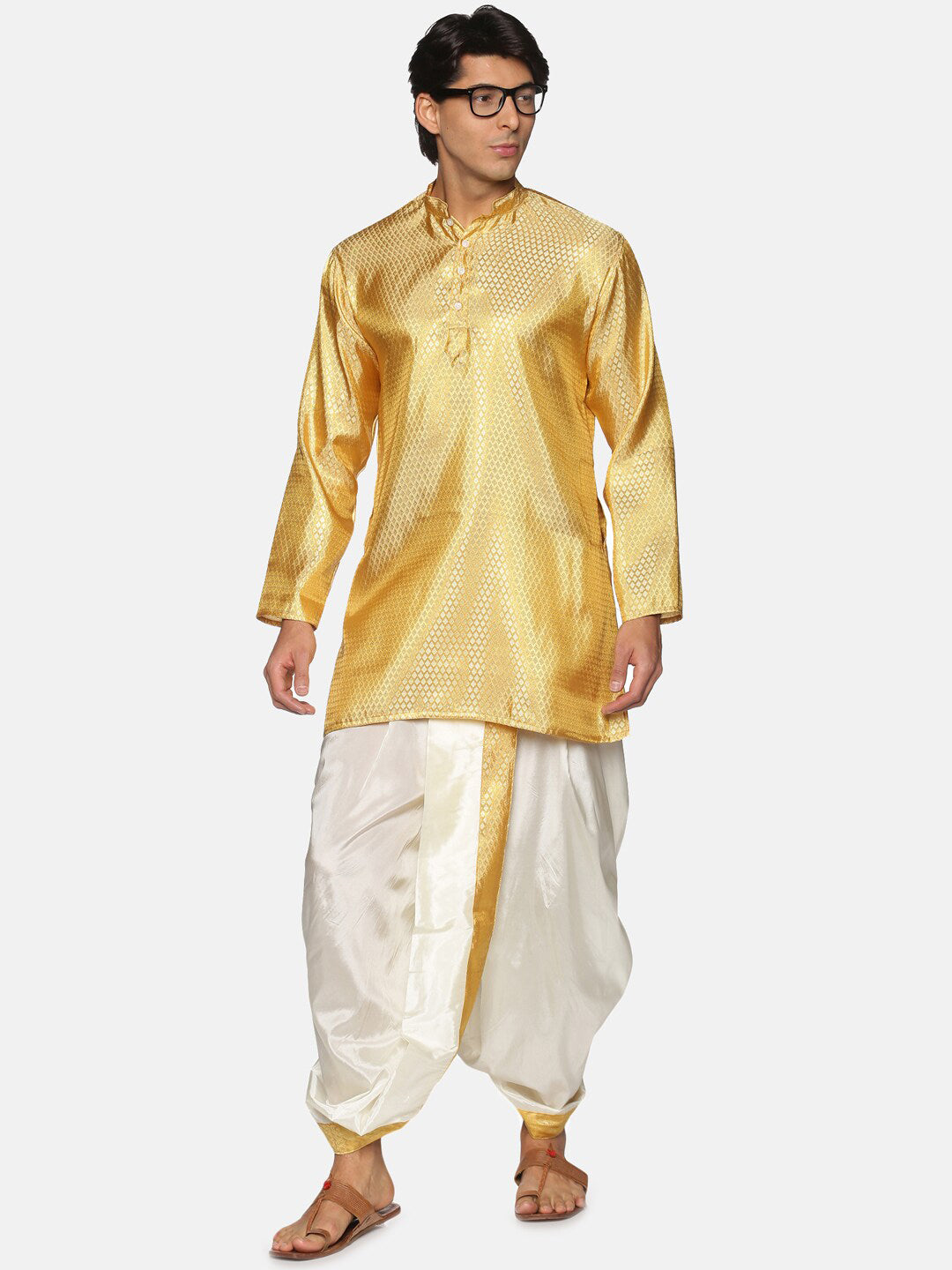 Sethukrishna Men Cream & Golden Solid Dhoti | Grocsy