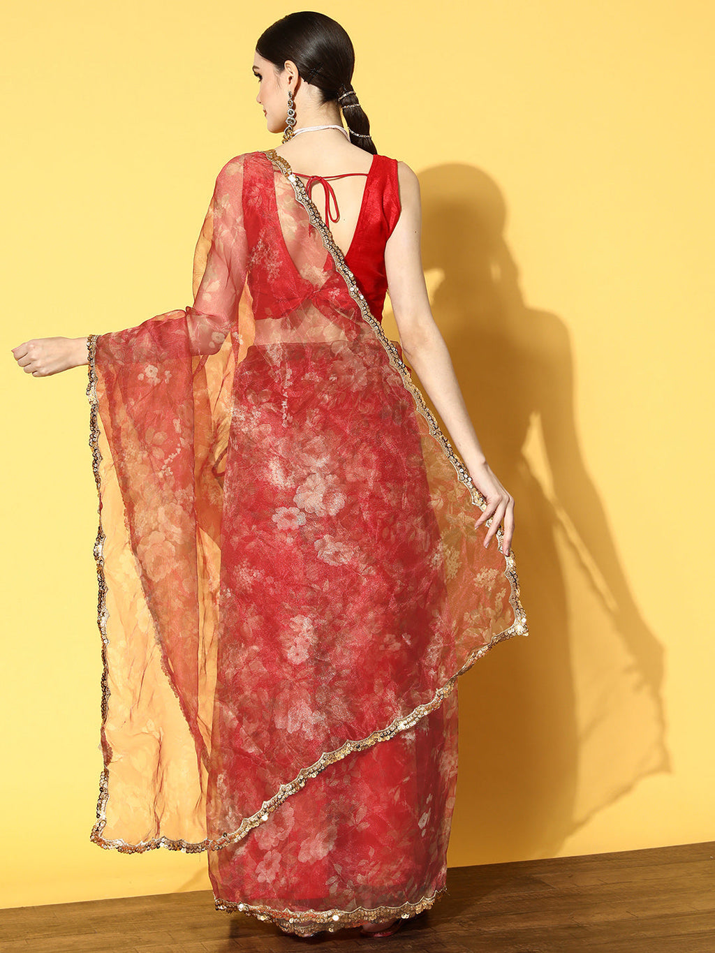 Tikhi Imli Red Floral Sequinned Organza Saree | Grocsy