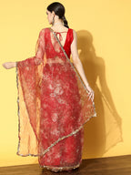 Tikhi Imli Red Floral Sequinned Organza Saree | Grocsy
