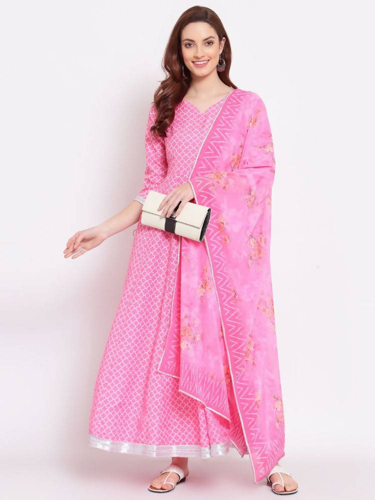 Indian Clothing Myshka Women's Pink Printed Cotton Blend 3/4 Sleeve V Neck Casual Anarkali Kurta Dupatta Set | Grocsy