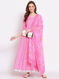 Indian Clothing Myshka Women's Pink Printed Cotton Blend 3/4 Sleeve V Neck Casual Anarkali Kurta Dupatta Set | Grocsy