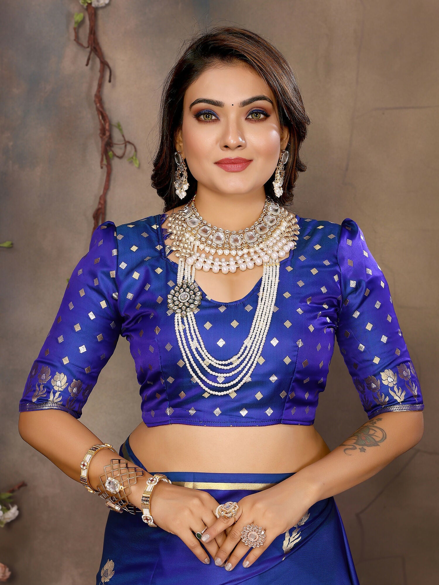 Joban Fashion Royal Blue Floral & Botanical Motifs Satin Silk Banarasi Silk Saree | Grocsy