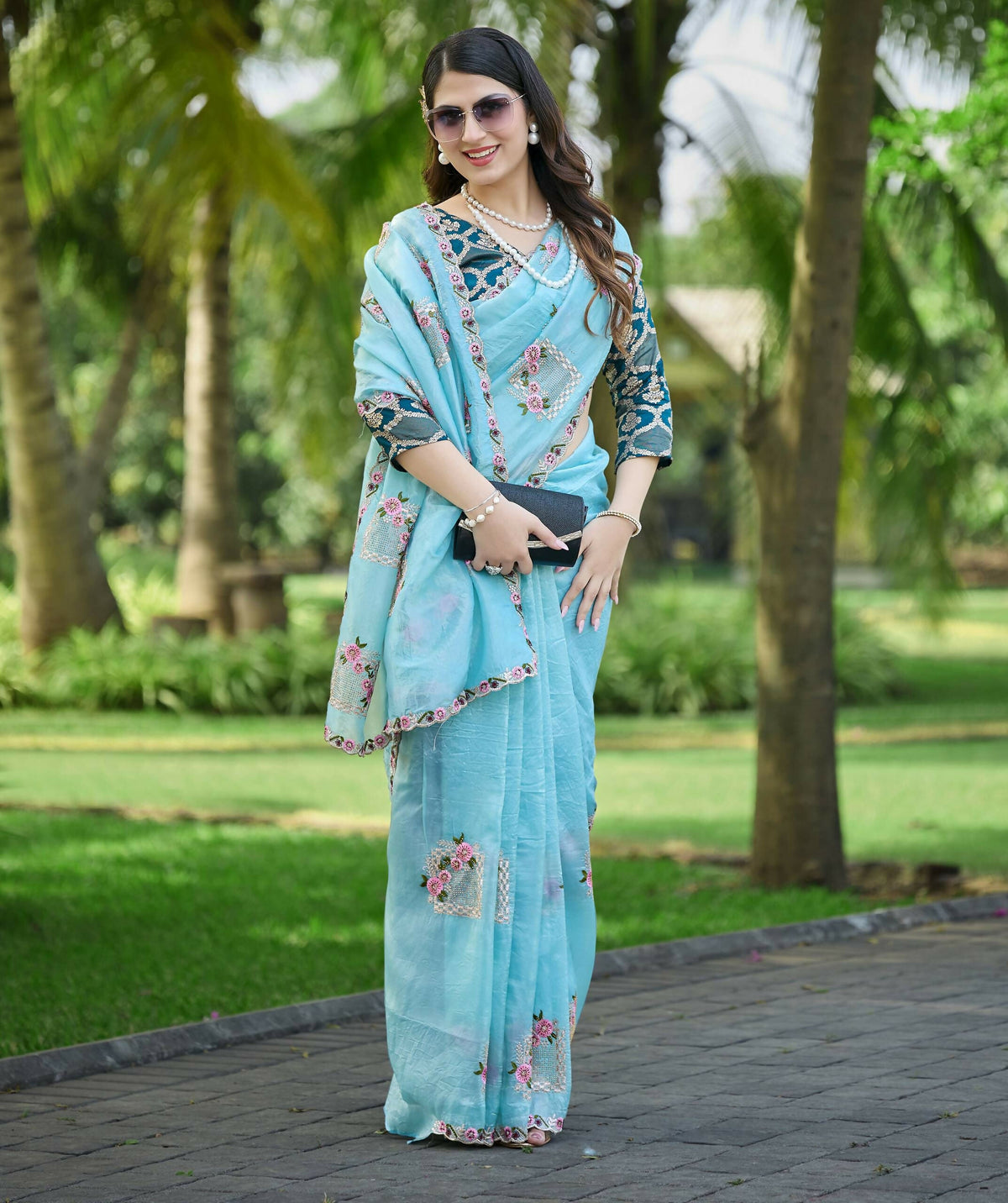Teeya Creation Sky Color Pure Paper Silk Heavy Embroidery Work Wedding Wear Saree | Grocsy