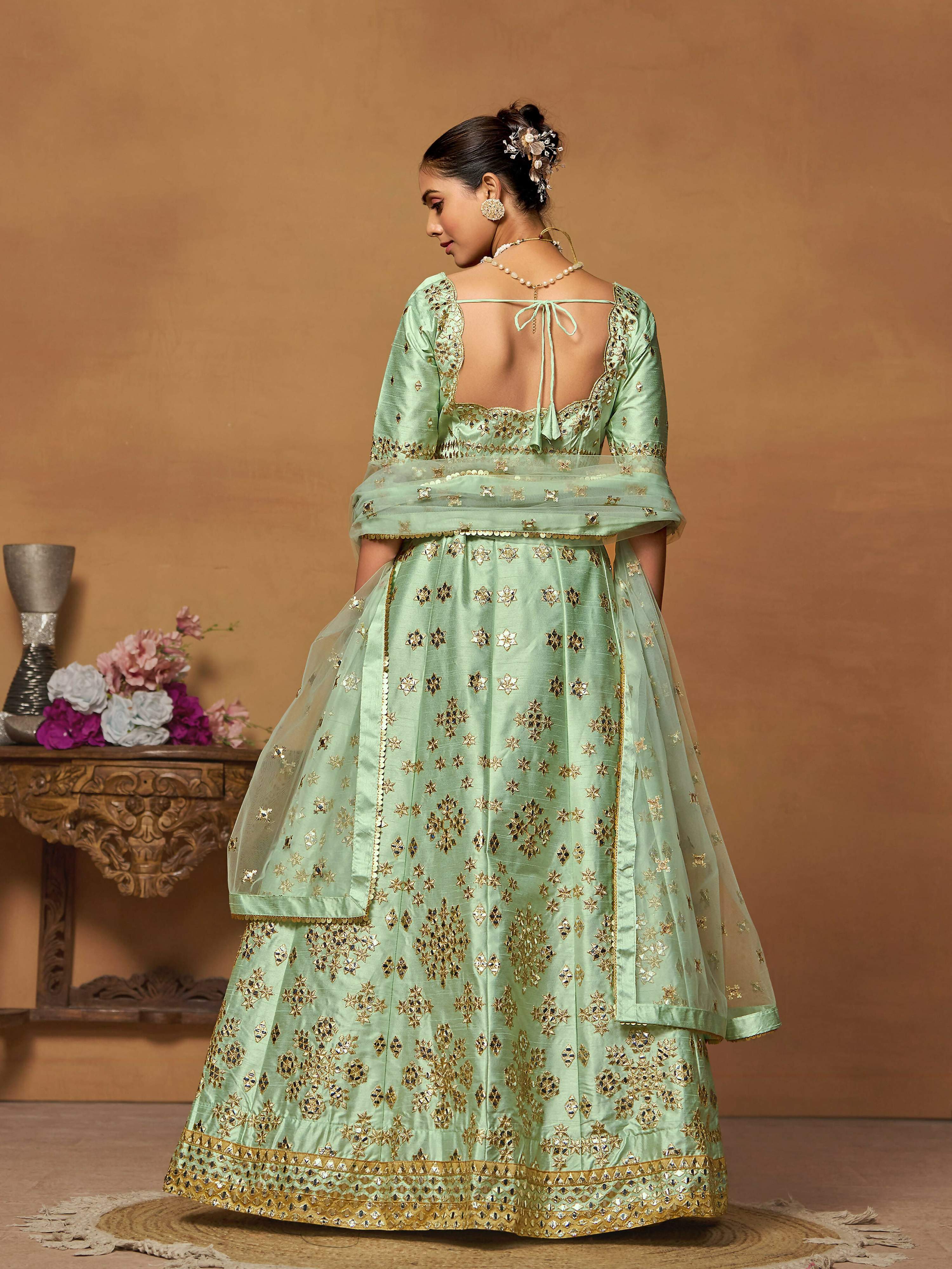 Pista Green Mulberry Silk Foil Paper Mirror Work Lehenga Choli - Jihu Culture | Grocsy