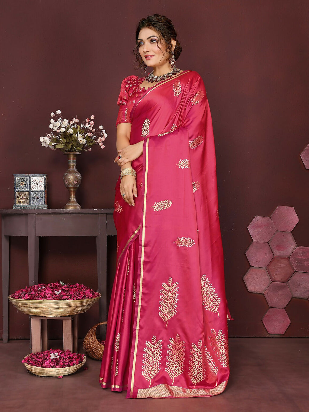 Joban Fashion Pink Floral Motifs Banarasi Silk Sarees | Grocsy