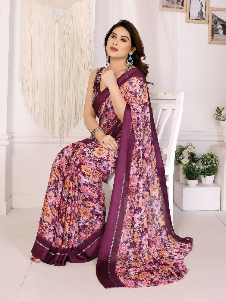 PR Fashion Purple Bright Moss Satin Patta Printed Saree | Grocsy
