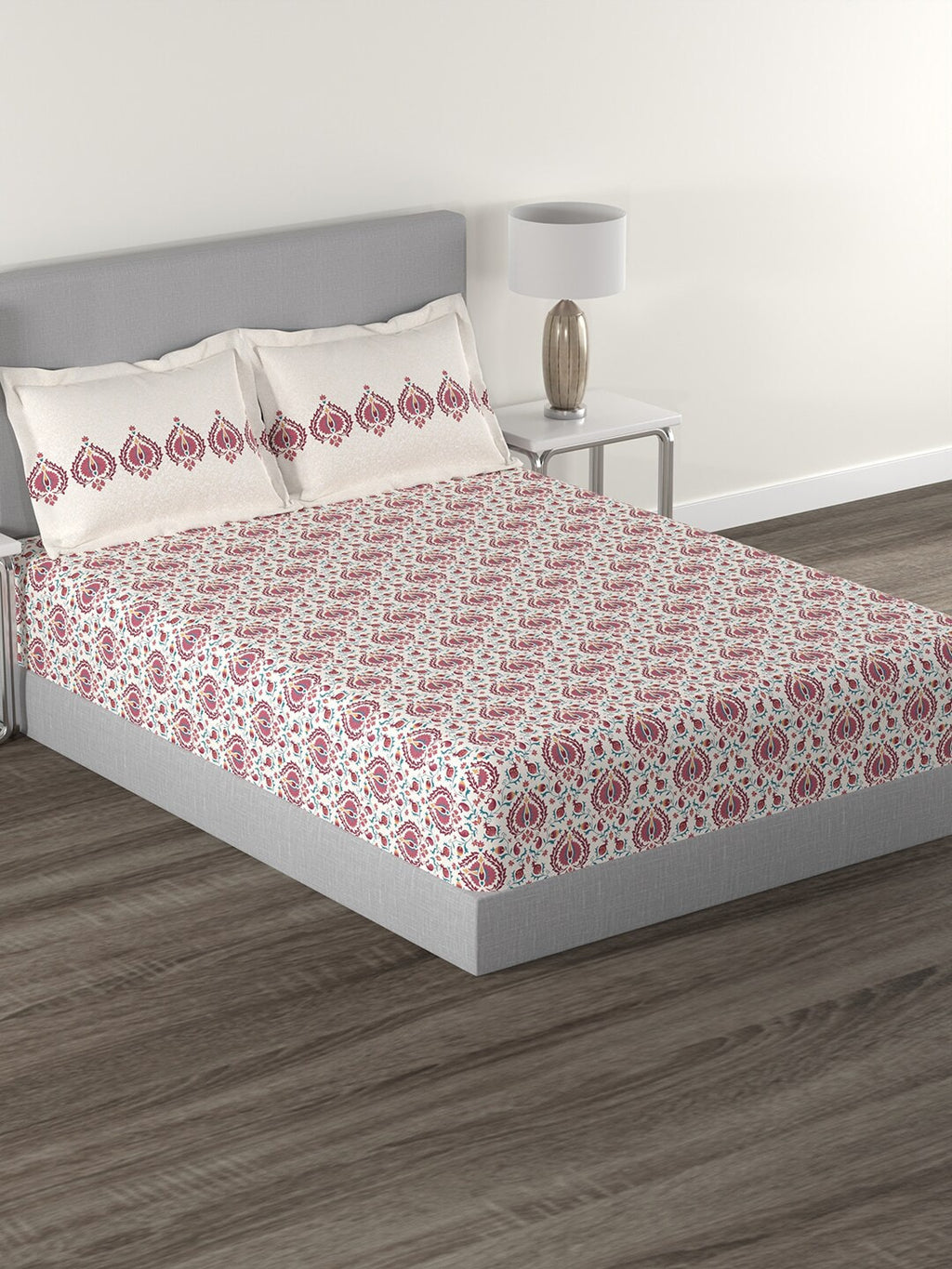 MYTRIDENT White Red Ethnic Motifs 144 TC Cotton Queen Bedsheet With 2 Pillow Covers | Grocsy