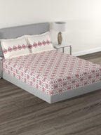 MYTRIDENT White Red Ethnic Motifs 144 TC Cotton Queen Bedsheet With 2 Pillow Covers | Grocsy