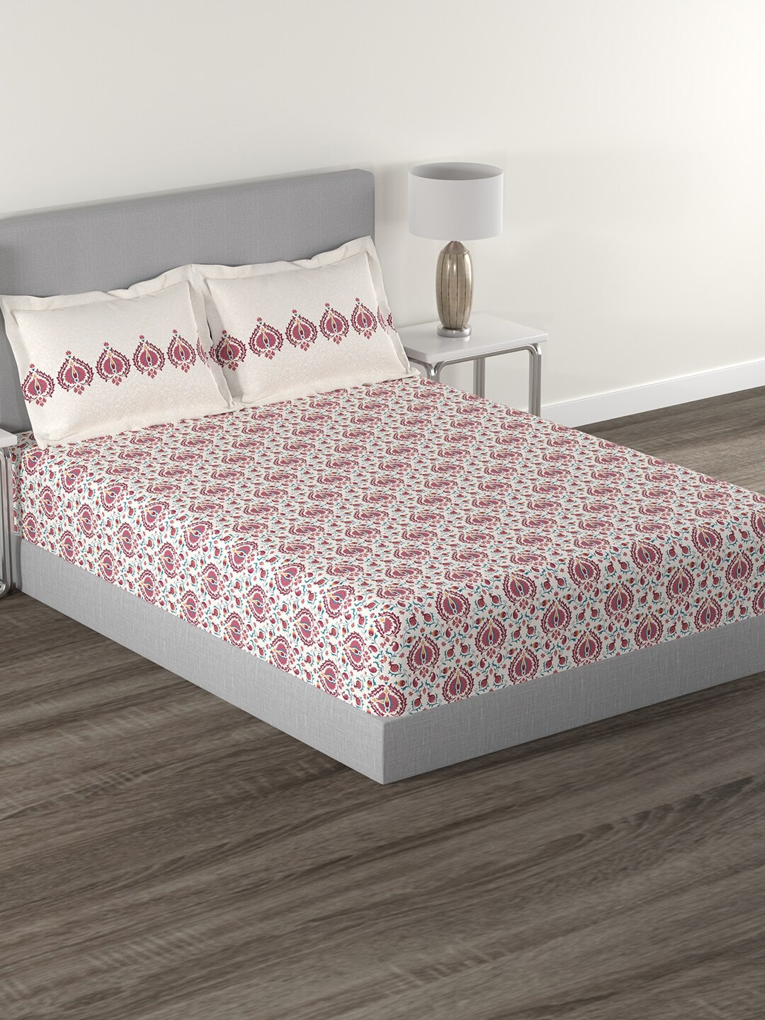 MYTRIDENT White Red Ethnic Motifs 144 TC Cotton Queen Bedsheet With 2 Pillow Covers | Grocsy