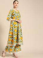 Sangria Women Yellow Floral Printed Lace Inserts Pure Cotton Kurta with Sharara & Dupatta | Grocsy