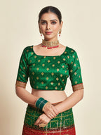 Sangria Red & Green Woven Design Zari Poly Georgette Bandhani Saree | Grocsy