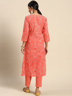 Sangria Women Peach-Coloured Ethnic Printed Mirror Work Pure Cotton Kurta with Trousers | Grocsy