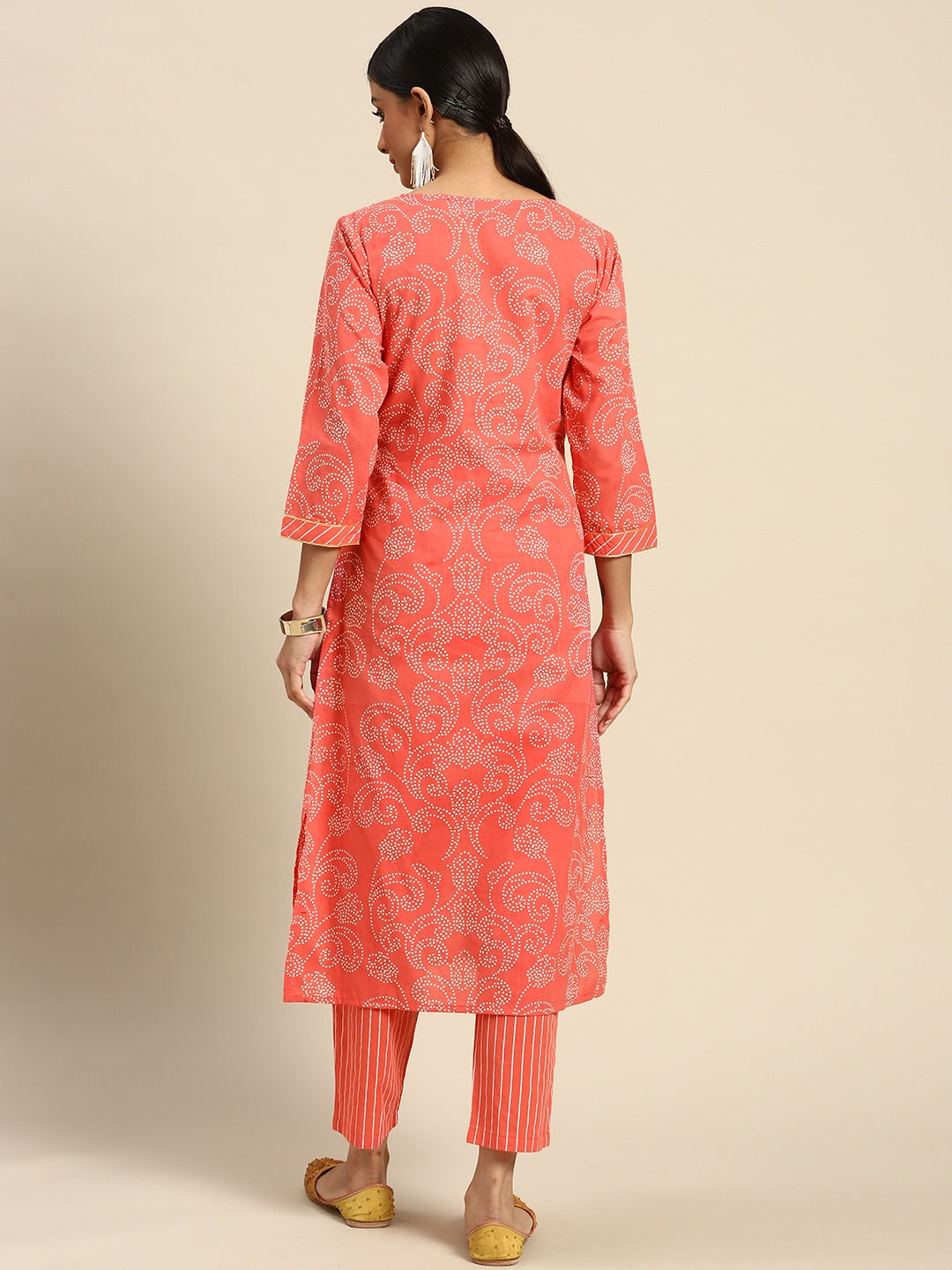 Sangria Women Peach-Coloured Ethnic Printed Mirror Work Pure Cotton Kurta with Trousers | Grocsy