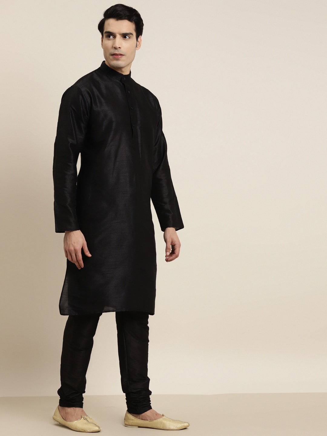 Sojanya Men Black Solid Kurta with Churidar & Nehru Jacket | Grocsy